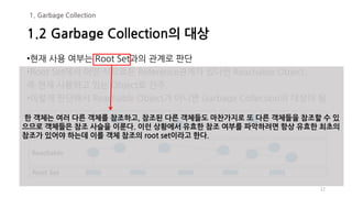 •현재 사용 여부는 Root Set과의 관계로 판단
•Root Set에서 어떤 식으로든 Reference관계가 있다면 Reachable Object.
즉 현재 사용하고 있는 Object로 간주.
•이렇게 판단해서 Reachable Object가 아니면 Garbage Collection의 대상이 됨.
12
1.2 Garbage Collection의 대상
1. Garbage Collection
Unreachable
Reachable
Root Set
한 객체는 여러 다른 객체를 참조하고, 참조된 다른 객체들도 마찬가지로 또 다른 객체들을 참조할 수 있
으므로 객체들은 참조 사슬을 이룬다. 이런 상황에서 유효한 참조 여부를 파악하려면 항상 유효한 최초의
참조가 있어야 하는데 이를 객체 참조의 root set이라고 한다.
 