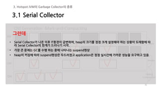 35
Old Generation –Mark-and-Compacting
Old
Old
Old
Old
Mark
Sweep
Sliding
Compaction
• Serial Collector가 나온 이후 IT환경이 급변하여, heap의 크기를 점점 크게 설정해야 하는 상황이 도래함에 따
라 Serial Collector의 한계가 드러나기 시작.
• 가장 큰 문제는 GC를 수행 하는 중에 나타나는 suspend현상
• heap이 커짐에 따라 suspend현상은 두드러졌고 application은 점점 실시간에 가까운 성능을 요구하고 있음.
그런데
3.1 Serial Collector
3. Hotspot JVM의 Garbage Collector의 종류
 