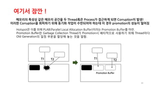 40
여기서 잠깐 !
메모리의 특성상 같은 메모리 공간을 두 Thread혹은 Process가 접근하게 되면 Corruption이 발생!
이러한 Corruption을 회피하기 위해 동기화 작업이 수반되어야 하는데 이 경우 promotion의 성능이 떨어짐
Hotspot은 이를 위해 PLAB(Parallel Local Allocation Buffer)이라는 Promotion Buffer를 마련.
Promotion Buffer란 Garbage Collection Thread가 Promotion시 배타적으로 사용하기 위해 Thread마다
Old Generation의 일정 부분을 할당해 놓는 것을 말함.
T1 T2 T1
T2
Promotion Buffer
 