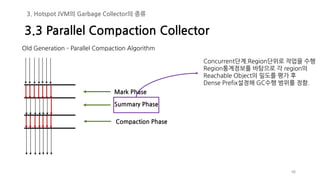 48
Old Generation – Parallel Compaction Algorithm
Mark Phase
Summary Phase
Compaction Phase
Concurrent단계.Region단위로 작업을 수행
Region통계정보를 바탕으로 각 region의
Reachable Object의 밀도를 평가 후
Dense Prefix설정해 GC수행 범위를 정함.
3.3 Parallel Compaction Collector
3. Hotspot JVM의 Garbage Collector의 종류
 