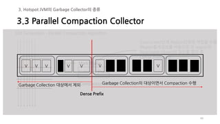 49
Old Generation – Parallel Compaction Algorithm
Mark Phase
Summary Phase
Compaction Phase
Concurrent단계.Region단위로 작업을 수행
Region통계정보를 바탕으로 각 region의
Reachable Object의 밀도를 평가 후
Dense Prefix설정.
V V V V V V V
Dense Prefix
Garbage Collection 대상에서 제외 Garbage Collection의 대상이면서 Compaction 수행
3.3 Parallel Compaction Collector
3. Hotspot JVM의 Garbage Collector의 종류
 