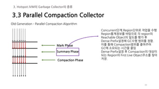 50
Old Generation – Parallel Compaction Algorithm
Mark Phase
Summary Phase
Compaction Phase
Concurrent단계.Region단위로 작업을 수행
Region통계정보를 바탕으로 각 region의
Reachable Object의 밀도를 평가 후
Dense Prefix설정해 GC수행 범위를 정함.
이를 통해 Compaction범위를 줄여주어
GC에 소요되는 시간을 줄임
Dense Prefix설정 후 Compaction의 대상이
되는 Region의 First Live Object주소를 찾아
저장.
3.3 Parallel Compaction Collector
3. Hotspot JVM의 Garbage Collector의 종류
 