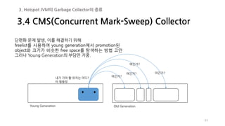 63
단편화 문제 발생, 이를 해결하기 위해
freelist를 사용하여 young generation에서 promotion된
object와 크기가 비슷한 free space를 탐색하는 방법 고안
그러나 Young Generation의 부담만 가중.
내가 가야 할 위치는 어디?
여긴가?
여긴가?
여긴가?
여긴가?
아 힘들엉
Young Generation Old Generation
3.4 CMS(Concurrent Mark-Sweep) Collector
3. Hotspot JVM의 Garbage Collector의 종류
 