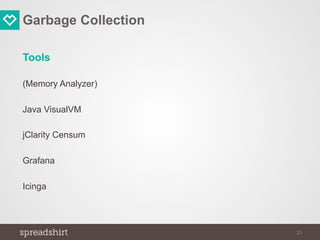 Garbage Collection
Tools
(Memory Analyzer)
Java VisualVM
jClarity Censum
Grafana
Icinga
31
 