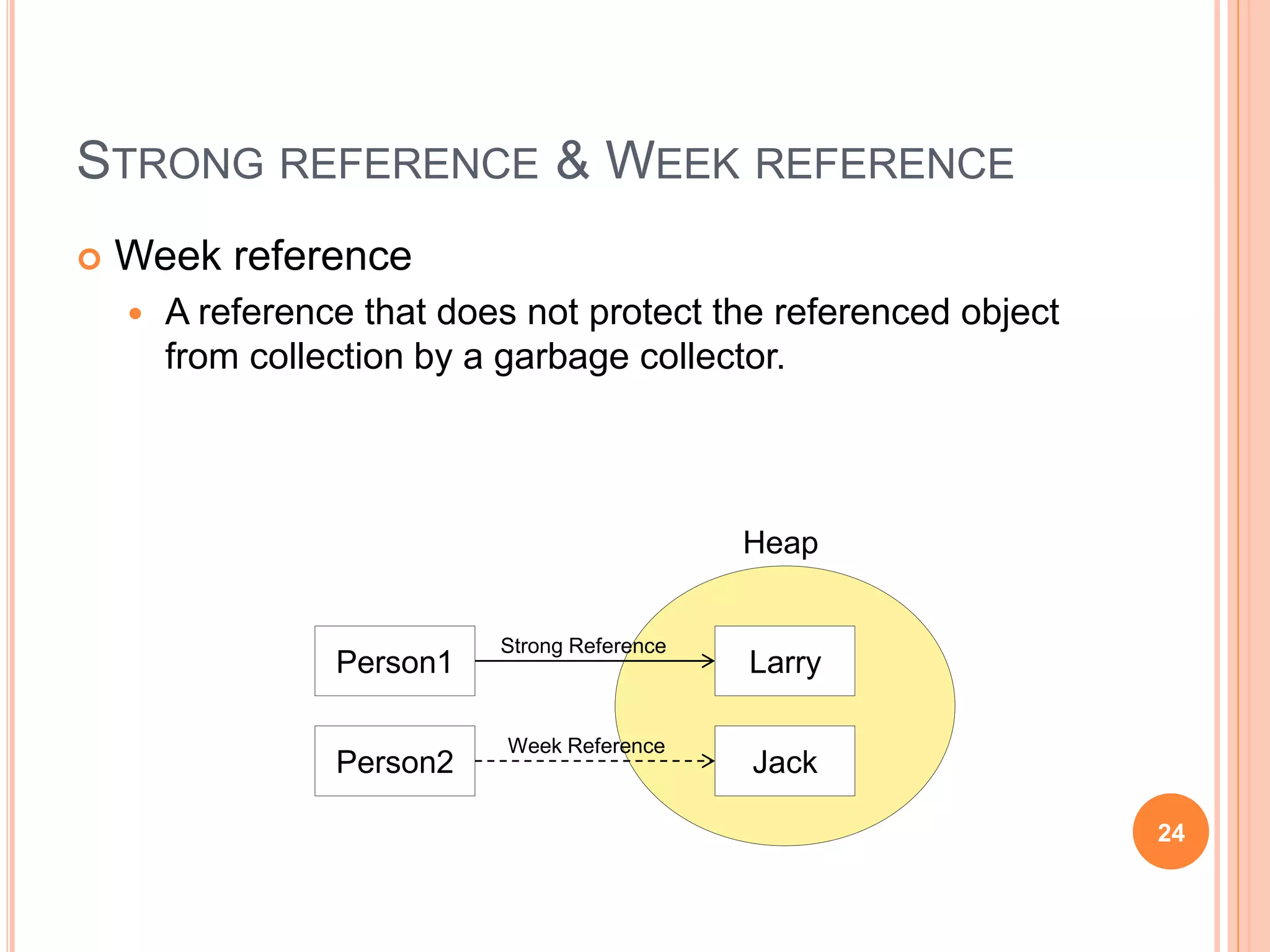 STRONG REFERENCE & WEEK REFERENCE
 Week reference
 A reference that does not protect the referenced object
from collection by a garbage collector.
24
 