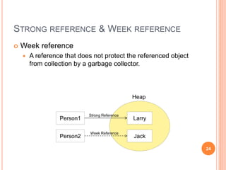 STRONG REFERENCE & WEEK REFERENCE
 Week reference
 A reference that does not protect the referenced object
from collection by a garbage collector.
24
 