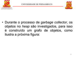 UNIVERSIDADE DE PERNAMBUCO




• Durante o processo de garbage collector, os
  objetos no heap são investigados, para isso
  é construído um grafo de objetos, como
  ilustra a próxima figura:




                                           25
 
