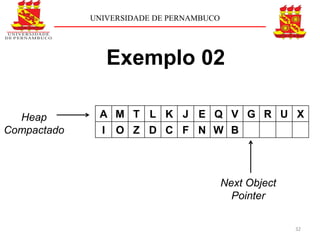 UNIVERSIDADE DE PERNAMBUCO




                   Exemplo 02

  Heap        A M T L K J E Q V G R U X
Compactado     I   O Z D C F N W B



                                          Next Object
                                            Pointer

                                                        32
 