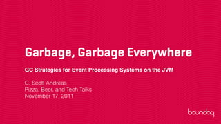 Garbage, Garbage Everywhere
GC Strategies for Event Processing Systems on the JVM

C. Scott Andreas
Pizza, Beer, and Tech Talks
November 17, 2011
 