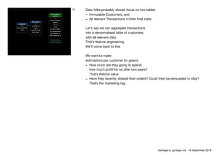 Customer
id
delivery_address
email
…
Transaction
id
customer_id
price
currency_code
ﬁnal_status
…
Denormalised
customer
id
delivery_address
country
currency
email
nb_total_orders
nb_cancellations
ﬁst_delivery_ts
latest_delivery_ts
…
lifetime_value
should_reactivate
10 Data folks probably should focus on two tables

- Immutable Customers, and

- All relevant Transactions in their ﬁnal state.

Let’s say we can aggregate transactions 
into a denormalised table of customers

with all relevant data.

That’s feature engineering.

We’ll come back to this

We want to make

estimations per customer (in green):

- How much are they going to spend, 
how much proﬁt for us after two years? 
That’s lifetime value.

- Have they recently slowed their orders? Could they be persuaded to stay? 
That’s the marketing tag.
Garbage in, garbage out - 18 September 2018
 