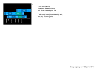 Assignment
Sendreview
Open
Acceptance
Completion
Decide to
accept
Work on 
the mission
Inactive
Wait
Decide
to
accept
Work on 
the mission
Wait Review
Decide to
accept
Work on 
mission
Review
Inactive
Wait
Read 
review
result
Wait
Read 
review
result
Inactive
Inactive
Firstaction
37
Don’t assume that,

if they are not responding,

this is because they are idle.

Often, they simply do something else,

like play another game.
Garbage in, garbage out - 18 September 2018
 