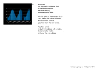 0
15
30
45
60
01
Jan08
Jan15
Jan22
Jan29
Jan05
Feb12
Feb19
Feb26
Feb05
M
ar12
M
ar19
M
ar26
M
ar02
Apr09
Apr16
Apr23
Apr30
Apr
39 And this is

the number of players per hour

in the last four months.

Because of a bug, 
there’s a missing week.

Are you going to use this data as is?

Take out the part before the hole?

Because this is cyclical,

you need more than one period.

You have to ﬁrst

re-build inferred data with a model,

to train another model

on top of that inferred data.
Garbage in, garbage out - 18 September 2018
 
