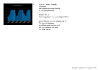 0
10
20
30
40
01
Jan08
Jan15
Jan22
Jan29
Jan05
Feb12
Feb19
Feb26
Feb05
M
ar12
M
ar19
M
ar26
M
ar02
Apr09
Apr16
Apr23
Apr30
Apr
What if we couldn’t predict?
40 That isn’t always possible.

Sometime,

the data that you have missing

is just not replaceable.

Imagine this is

how many players you have at a given time:

Looks like your server is saturating at 37.

For how many players

should you scale your servers?

We can’t really tell precisely,

but more than 37
Garbage in, garbage out - 18 September 2018
 