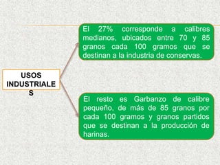 El 27% corresponde a calibres
medianos, ubicados entre 70 y 85
granos cada 100 gramos que se
destinan a la industria de conservas.
El resto es Garbanzo de calibre
pequeño, de más de 85 granos por
cada 100 gramos y granos partidos
que se destinan a la producción de
harinas.
USOS
INDUSTRIALE
S
 