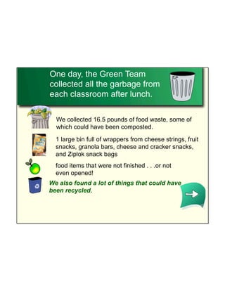 One day, the Green Team
collected all the garbage from
each classroom after lunch.

  We collected 16.5 pounds of food waste, some of
  which could have been composted.

  1 large bin full of wrappers from cheese strings, fruit
  snacks, granola bars, cheese and cracker snacks,
  and Ziplok snack bags
  food items that were not finished . . .or not
  even opened!
We also found a lot of things that could have
been recycled.
 