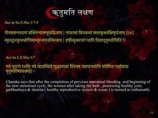 Acc to Su.S.Sha 3/7-8
पीनप्रसन्नवदनां प्रिक्लन्नात्ममुखिद्वजाम् | नरकामां िप्रयकथां स्रस्तक
ु क्ष्यिक्षमूधर्जाम् ||७||
स्फ
ु रद्भुजक
ु चश्रोिणनाभ्यूरुजघनिस्फचाम् | हषौर्त्सुक्यपरां चािप िवद्यादृतुमतीिमित [१]
Acc to C.S.Sha 4/7
गते पुराणे रजिस नवे चाविस्थते शुद्धस्नातां िस्त्रयम व्यापन्नयोिन शोिणत गभार्शया
मृतुमतीमाचक्ष्महे|
Charaka says that after the completion of previous menstrual bleeding and beginning of
the new menstrual cycle, the women after taking the bath , possessing healthy yoni,
garbhashaya & shonita ( healthy reproductive system & ovum ) is termed as ruthumathi.
18
ऋत#म%त ल'ण
 