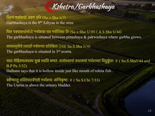 िस्त्रणं गभार्शयो अष्टम इित (Su.s.Sha 5/7)
Garbhashaya is the 8th Ashyaa in the stree
िपत्त पक्वाशयोमर्ध्ये गभार्शया यत्र गभर्िस्तष्ठा ित (Su.s.Sha 5/39) ( A.S.Sha 5/46)
The garbhashaya is situated between pittashaya & pakwashaya where garbha grows.
तस्यास्तृतीये त्वावतेर् गभर्शय्या प्रितिष्ठता ||४३| Su.S.Sha 5/43
The garbhashaya is situated in 3rd avarta.
यथा रोिहतमत्स्यस्य मुखं भवित रूपतः तत्संस्थानां तथारूपां गभर्शय्यां िवदुबुर्धाः ॥ ( Su.S.Sha5/44 and
B.P Pu 3/32)
Dalhana says that it is hollow inside just like mouth of rohita fish .
स्त्रीणान्तु विस्तपाश्वर्गतो गभार्शयः सिन्नक
ृ ष्टः ॥ ( Su.S.Chi 7/33)
The Uterus is above the urinary bladder.
Kshetra/Garbhashaya
24
 