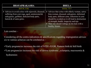 BHAVAPRAKASHA BHELA
(B.P. Pu. 3/26) B.S.Su. 7/5-7
Ø Advices to avoid coitus with rajaswala, diseased,
suffering from yoni roga, aged, uninterested &
unhygienic, garbhini, deficient body parts,
hatred & of same gotra .
Ø Advices that coitus with elderly woman, satwa
hina woman, diseased, unhygienic, deformed
body parts, different caste, infections in yoni
should be avoided as it will lead to destruction
of strength, health, longevity and teja
Ø Thus one should indulge in ritu kala with a
healthy female .
Lets corelate –
Considering all the contra indications & specifications regarding impregnation advices
a/c to various acharyas can be corelated as –
üEarly pregnancies increases the risk of NTD’s IUGR, Preterm birth & Still birth
üLate pregnancies increases the risk of downs syndrome , eclampsia, macrosomia &
hydramnios
51
 