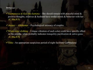 Behavior :
üSoumanasya & Kalyana kamana – She should remain with peaceful mind &
positive thoughts, relatives & husband have tender words & behavior with her .
.(C.Sha.8/5)
üAnyony – Abhikamat – Psychological intimacy of couples.
üWhite color clothing – Unique vibration of each color could have specific effect
on the psyche, white probably indicates tranquility pacification & sattva guna
.(C.Sha.8/5)
üTime - An appropriate auspicious period of night facilitate Garbhadana
55
 