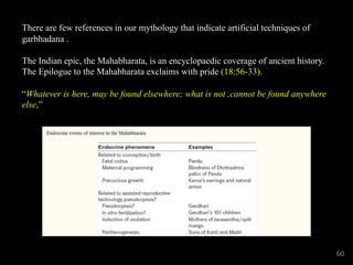 There are few references in our mythology that indicate artificial techniques of
garbhadana .
The Indian epic, the Mahabharata, is an encyclopaedic coverage of ancient history.
The Epilogue to the Mahabharata exclaims with pride (18:56-33).
“Whatever is here, may be found elsewhere; what is not ,cannot be found anywhere
else,”
60
 
