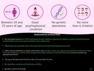 Requirements for an Oocyte Donor
ü The individual must be free of HIV and hepatitis B and C infections, hypertension, diabetes, sexually transmitted diseases,
and identifiable and common genetic disorders such as thalassemia.
ü The blood group and the Rh status of the individual must be determined and placed on record.
ü Other relevant information in respect of the donor, such as height, weight, age, educational qualifications, profession, colour
of the skin and the eyes, and the family background in respect of history of any familial disorder, must be recorded in an
appropriate proforma.
ü The age of the donor must not be less than 18 or more than 35 years.
ü She should have minimum of 2 healthy born children
ü SOURCE- OOCYTE BANKS 82
 