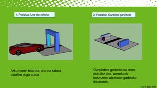 1. Posizioa: Ura eta xaboia 2. Posizioa: Gurpilen garbiketa
Arku honen bitartez, ura eta xaboiz
estaliko dugu autoa
Gurpiletara gerturatuko diren
eskuilak dira, aurrekoak
bukatzean atzekoak garbituko
dituztenak.
 