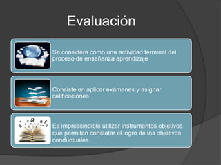 Evaluación

Se considera como una actividad terminal del
proceso de enseñanza aprendizaje




Consiste en aplicar exámenes y asignar
calificaciones



Es imprescindible utilizar instrumentos objetivos
que permitan constatar el logro de los objetivos
conductuales.
 