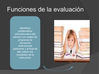 Funciones de la evaluación

         Identificar
       problemática
    psicoeducativa del
  alumno con objeto de
       programar la
         secuencia
       instruccional
  pertinente y al final de
      ella valorar los
     resultados de la
        instrucción
 