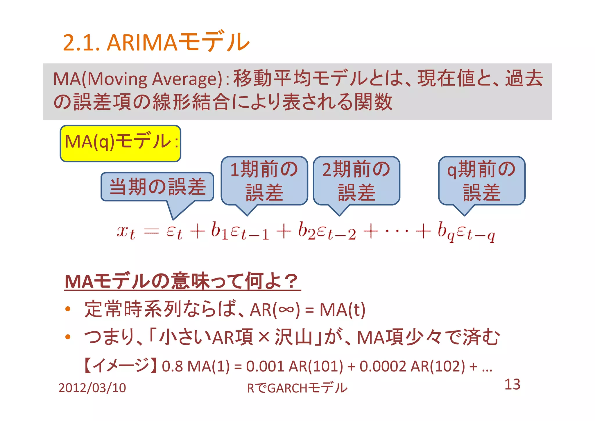 2.1. ARIMAモデル
     ARIMAモデル
MA(Moving Average)：移動平均モデルとは、現在値と、過去
の誤差項の線形結合により表される関数
MA(q)モデル：
                     1期前の        2期前の             q期前の
       当期の誤差          誤差          誤差               誤差



MAモデルの意味って何よ？
• 定常時系列ならば、AR(∞) = MA(t)
• つまり、「小さいAR項×沢山」が、MA項少々で済む
   【イメージ】 0.8 MA(1) = 0.001 AR(101) + 0.0002 AR(102) + …
2012/03/10              RでGARCHモデル                         13
 