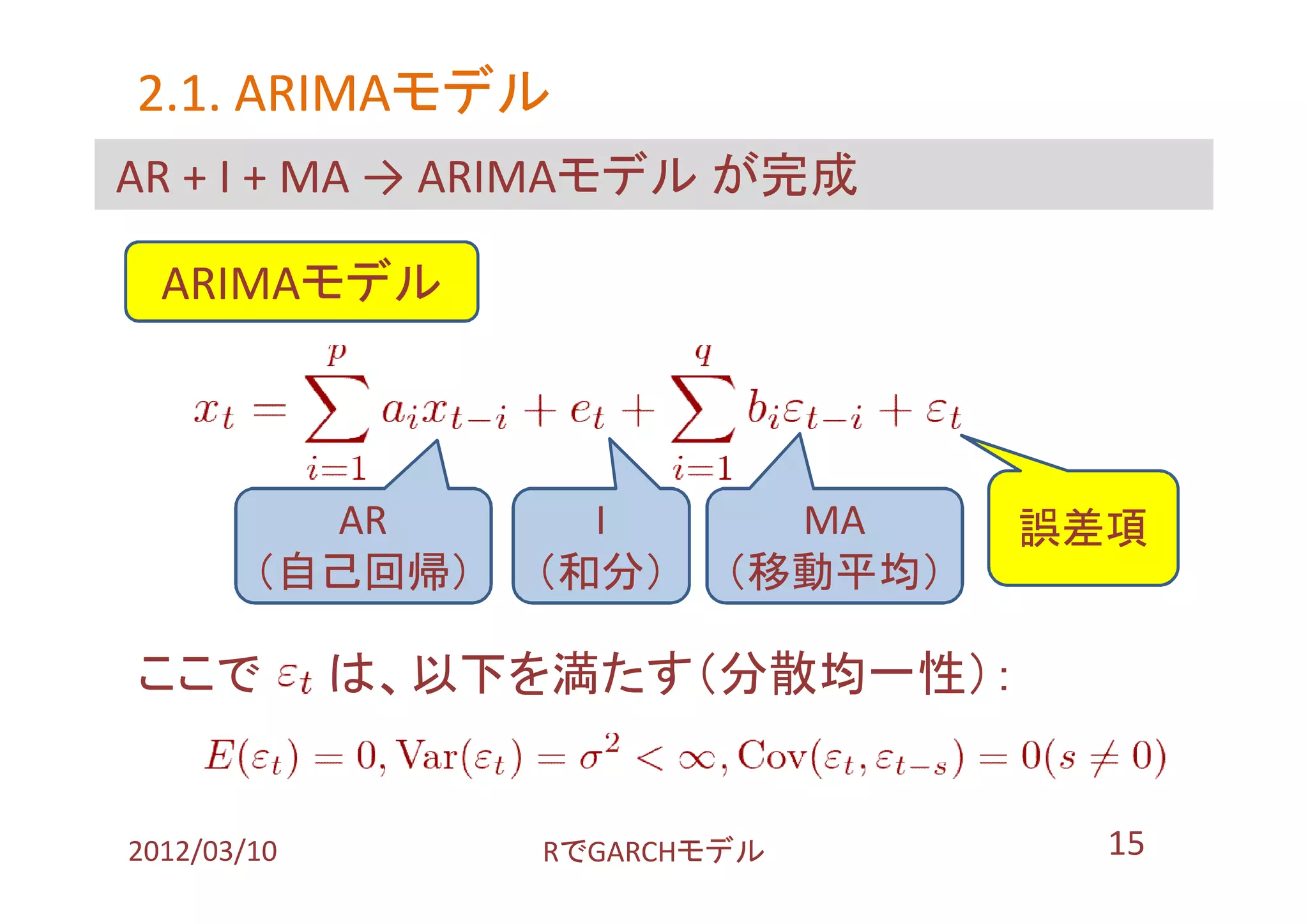 2.1. ARIMAモデル
     ARIMAモデル
AR + I + MA → ARIMAモデル が完成

  ARIMAモデル



          AR       I        MA     誤差項
        （自己回帰）   （和分）     （移動平均）

ここで          は、以下を満たす（分散均一性）：


2012/03/10        RでGARCHモデル         15
 