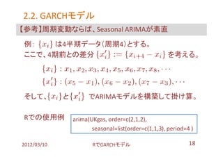 2.2. GARCHモデル
     GARCHモデル
【参考】周期変動ならば、Seasonal ARIMAが素直

例：   は4半期データ（周期4）とする。
ここで、4期前との差分                                           を考える。




そして、         と         でARIMAモデルを構築して掛け算。

Rでの使用例           arima(UKgas, order=c(2,1,2),
                        seasonal=list(order=c(1,1,3), period=4 )

2012/03/10              RでGARCHモデル                            18
 