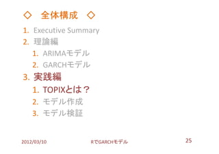 ◇ 全体構成 ◇
1. Executive Summary
2. 理論編
   1. ARIMAモデル
   2. GARCHモデル
3. 実践編
   1. TOPIXとは？
    2. モデル作成
    3. モデル検証


2012/03/10       RでGARCHモデル   25
 