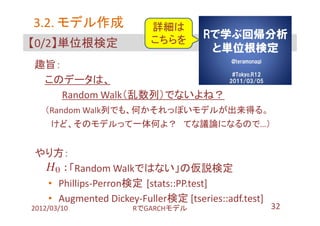 3.2. モデル作成              詳細は
【0/2】単位根検定              こちらを

趣旨：
 このデータは、
    Random Walk（乱数列）でないよね？
   （Random Walk列でも、何かそれっぽいモデルが出来得る。
     けど、そのモデルって一体何よ？ てな議論になるので…）


やり方：
     「Random Walkではない」の仮説検定
 • Phillips-Perron検定 [stats::PP.test]
 • Augmented Dickey-Fuller検定 [tseries::adf.test]
2012/03/10          RでGARCHモデル                     32
 