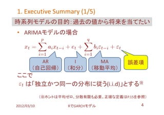 1. Executive Summary (1/5)
時系列モデルの目的：過去の値から将来を当てたい
• ARIMAモデルの場合



          AR           I       MA       誤差項
        （自己回帰）       （和分）    （移動平均）
ここで
  は「独立かつ同一の分布に従う(i.i.d)」とする※
             （※ホントは平均ゼロ、分散有限も必要。正確な定義はP.15を参照）

2012/03/10           RでGARCHモデル             4
 