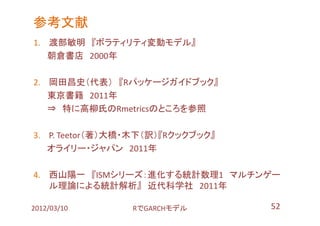 参考文献
1. 渡部敏明 『ボラティリティ変動モデル』
   朝倉書店 2000年

2. 岡田昌史（代表） 『Rパッケージガイドブック』
   東京書籍 2011年
   ⇒ 特に高柳氏のRmetricsのところを参照

3. P. Teetor（著）大橋・木下（訳）『Rクックブック』
   オライリー・ジャパン 2011年

4. 西山陽一 『ISMシリーズ：進化する統計数理1 マルチンゲー
   ル理論による統計解析』 近代科学社 2011年

2012/03/10       RでGARCHモデル        52
 