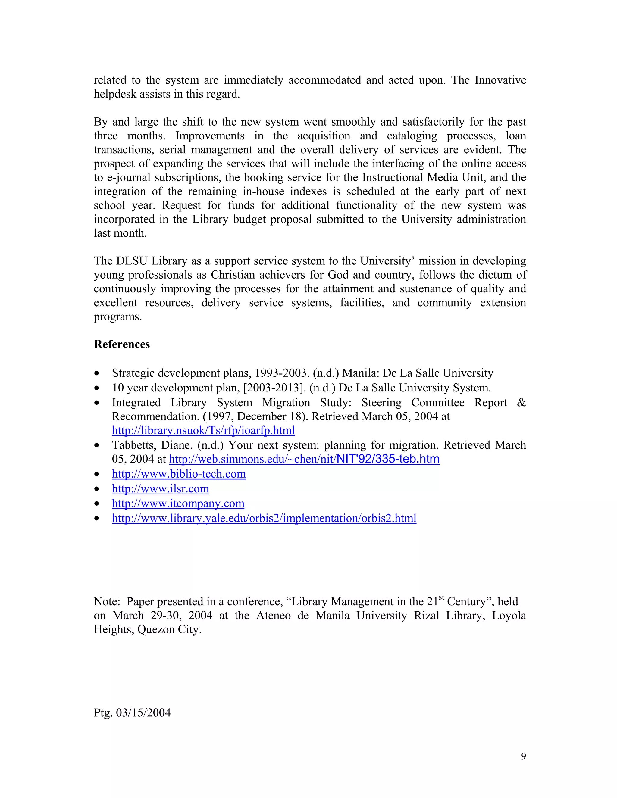 De La Salle University Library System Migration a Strategic Decision PDF