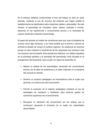 En el enfoque didáctico constructivista el foco del trabajo se sitúa en quien
aprende, mediante el uso de recursos del ambiente que hagan posible el
establecimiento de significados sobre relaciones válidas y alcanzables. De esta
manera, el aprendizaje de conceptos, leyes, valores, actitudes o normas,
descansa en las experiencias y conocimientos previos y la necesidad de
superar obstáculos mediante el aprendizaje.


El papel del docente es mediar las condiciones para que surja el problema de
conocer como algo necesario, y así hacer posible que el alumno o alumna se
enfrente al desafío de romper el conflicto cognitivo. Su existencia se reconoce
porque se hace evidente la insuficiencia de las respuestas que producen ante
una situación que los desafía. Esta perspectiva didáctica, con sólidos respaldos
en la psicología genética y la psicología del aprendizaje, hace hincapié en el
protagonismo del estudiante, para cumplir con logros de desarrollo en:


      Mejorar la calidad de los aprendizajes, asociando los conocimientos
       previos con el saber de experiencia y el saber originado en la disciplina
       del currículo en estudio.


      Generar un proyecto pedagógico de trascendencia para el sujeto que
       aprende y la construcción del conocimiento.


      Permitir la evolución de la relación pedagógica mediante el uso de
       estrategias de mediación y facilitación para alcanzar grados de
       autonomía superiores con el conocimiento.


      Recuperar la valoración del conocimiento por los actores que lo
       construyen, apoyando la formación de un sujeto con capacidades
       desarrolladas.




                                       11
 