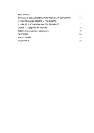 PREGUNTAS                                         17
3.9 FASE IX SELECCIÓN DE PORTALES PARA SOPORTAR   17
Y APOYAR LAS LECTURAS Y PREGUNTAS.
3.10 FASE X SOCIALIZACIÓN DEL PROYECTO            17
Gráfica 1. Flujograma del proyecto                18
Tabla 1. Cronograma de actividades.               19
GLOSARIO                                          20
BIBLIOGRAFÍA                                      22
WEBGRAFÍA                                         23




                                      3
 