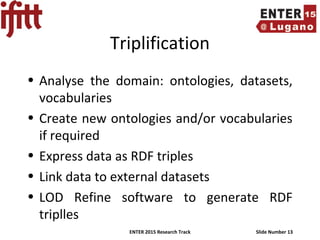 ENTER 2015 Research Track Slide Number 13
Triplification
• Analyse the domain: ontologies, datasets,
vocabularies
• Create new ontologies and/or vocabularies
if required
• Express data as RDF triples
• Link data to external datasets
• LOD Refine software to generate RDF
triplles
 