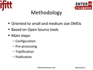 ENTER 2015 Research Track Slide Number 9
Methodology
• Oriented to small and medium size DMOs
• Based on Open Source tools
• Main steps:
– Configuration
– Pre-processing
– Triplification
– Publication
 