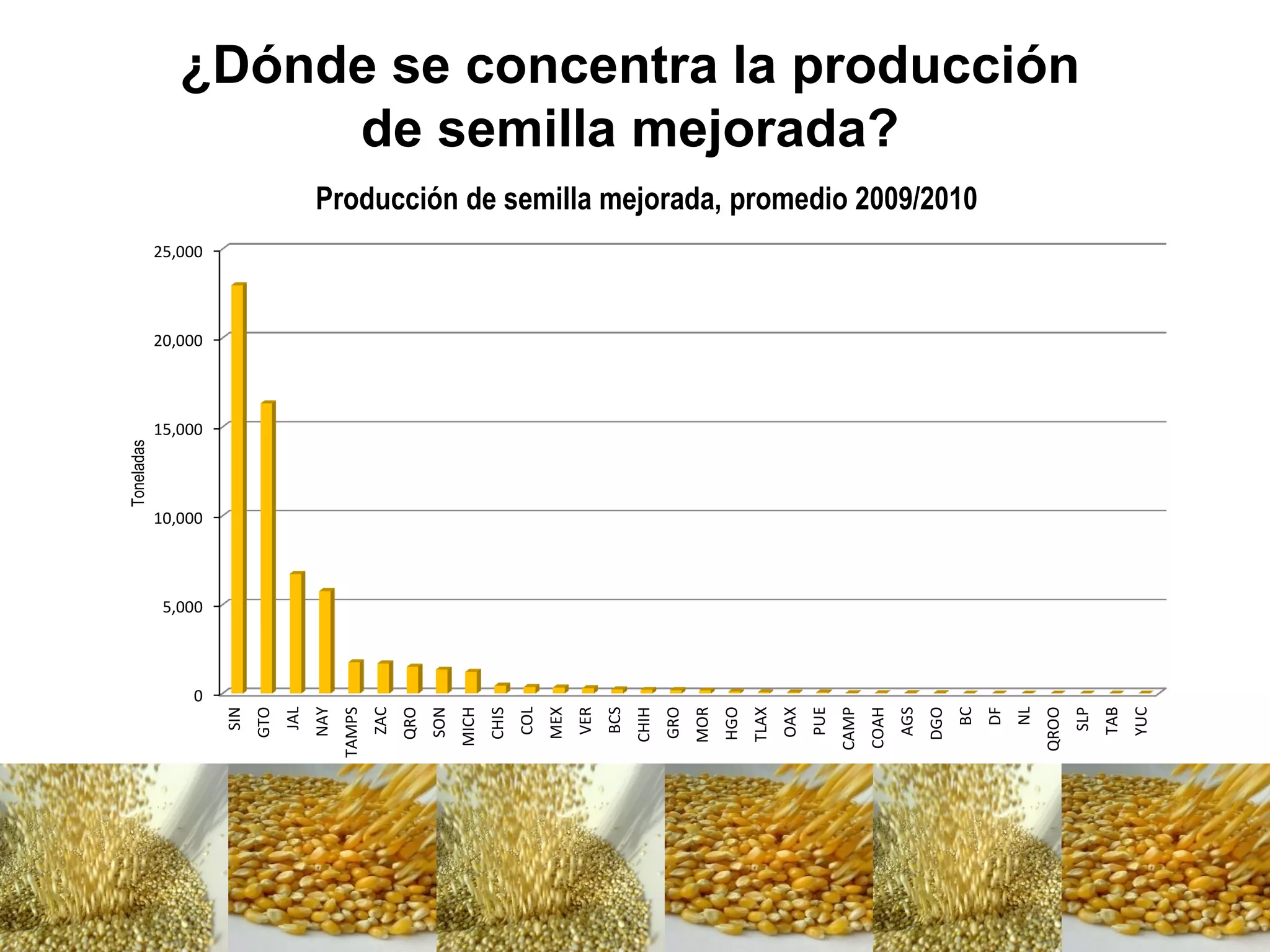 ¿Dónde se concentra la producción
de semilla mejorada?
0
5,000
10,000
15,000
20,000
25,000
SIN
GTO
JAL
NAY
TAMPS
ZAC
QRO
SON
MICH
CHIS
COL
MEX
VER
BCS
CHIH
GRO
MOR
HGO
TLAX
OAX
PUE
CAMP
COAH
AGS
DGO
BC
DF
NL
QROO
SLP
TAB
YUC
Toneladas
Estado
Producción de semilla mejorada, promedio 2009/2010
 