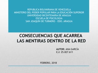 REPUBLICA BOLIVARIANA DE VENEZUELA
MINISTERIO DEL PODER POPULAR PARA LA EDUCACIÓN SUPERIOR
UNIVERSIDAD BICENTENARIA DE ARAGUA
ESCUELA DE PSICOLOGIA
SAN JOAQUÍN DE TURMERO – EDO. ARAGUA
AUTOR: ANA GARCÍA
C.I: 25.827.611
FEBRERO, 2018
 