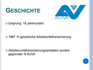 GESCHICHTE


Ursprung: 19.Jahrhundert



1887  gesetzliche Arbeitsunfallversicherung



Arbeiterunfallversicherungsanstalten wurden
gegründet  AUVA
3

 