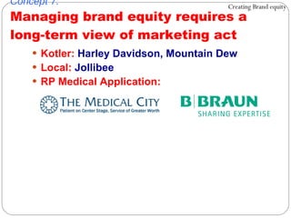 Kotler:  Harley Davidson, Mountain Dew Local:  Jollibee RP Medical Application: Concept 7: Managing brand equity requires a  long-term view of marketing act Creating Brand equity 