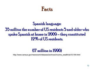 Facts Spanish language: 35 million the number of US residents 5 and older who spoke Spanish at home in 2009 – they constituted 12% of US residents. (17 million in 1990) http.//www.census.gov/newsroom/releases/archives/income_wealth/cb10-144.html  