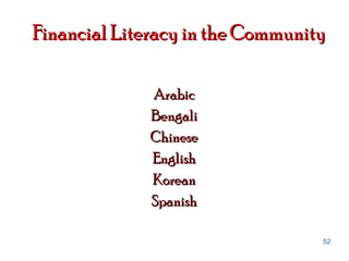 Financial Literacy in the Community Arabic Bengali Chinese English Korean Spanish 