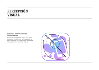 percepción
visual



peso visual, puntos de atracción
y direccionalidad

Tanto la direccionalidad como el peso visual vienen
dados por la inclinación y por la irregularidad de las
formas, potenciado con la utilización de un degradado
circular que centra la atención en un punto.
 