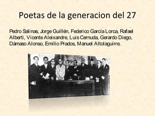 Poetas de la generacion del 27
Pedro Salinas, Jorge Guillén, Federico García Lorca, Rafael
Alberti, Vicente Aleixandre, Luis Cernuda, Gerardo Diego,
Dámaso Alonso, Emilio Prados, Manuel Altolaguirre.

 