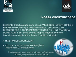 NOSSA OPORTUNIDADE
Excelente Oportunidade para novos PARCEIROS INVESTIDORES E
EMPREENDEDORES que queiram investir CD CENTRO DE
DISTRIBUIÇÃO E TREINAMENTO TECNICO OU MINI FRANQUIA
DOMICILIAR e ser dono do seu Próprio Negócio com um
investimento médio seu retorno é rápido e vitalício.
 MINI FRANQUIA DOMICILIAR
 CD LOJA CENTRO DE DISTRIBUIÇÃO E
TREINAMENTO PROFISSIONAL
Treinamentos constantes em todos os Centros de
Distribuição para nossos Distribuidores.
 