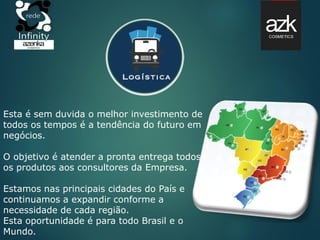 Esta é sem duvida o melhor investimento de
todos os tempos é a tendência do futuro em
negócios.
O objetivo é atender a pronta entrega todos
os produtos aos consultores da Empresa.
Estamos nas principais cidades do País e
continuamos a expandir conforme a
necessidade de cada região.
Esta oportunidade é para todo Brasil e o
Mundo.
 